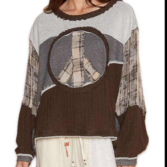 POL Sweat shirt Peace Sign Free Terry Boho / Peace Top Patchwork L Boutique - Picture 14 of 15